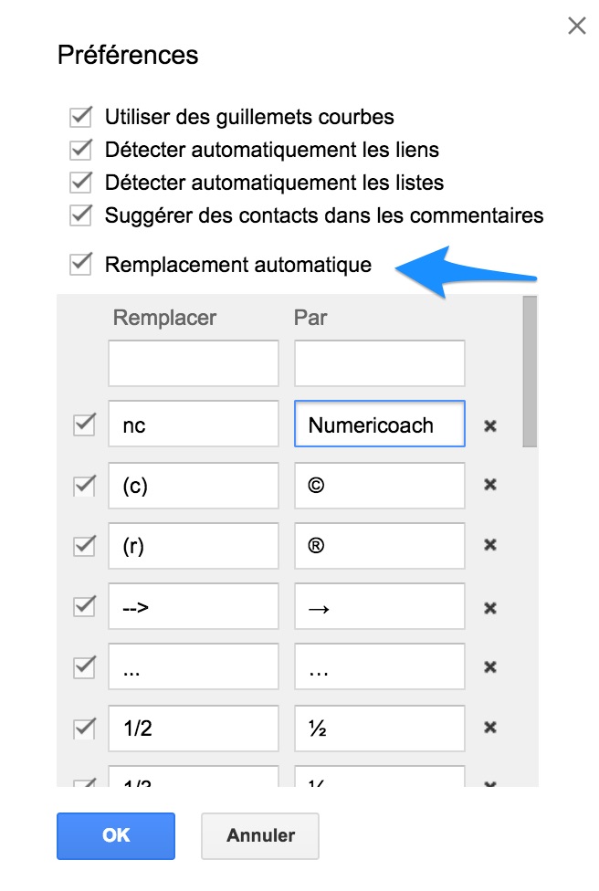 Configurer du texte automatique dans Google Docs