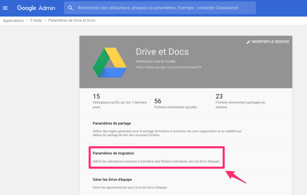 Google Drive : paramètres de migration