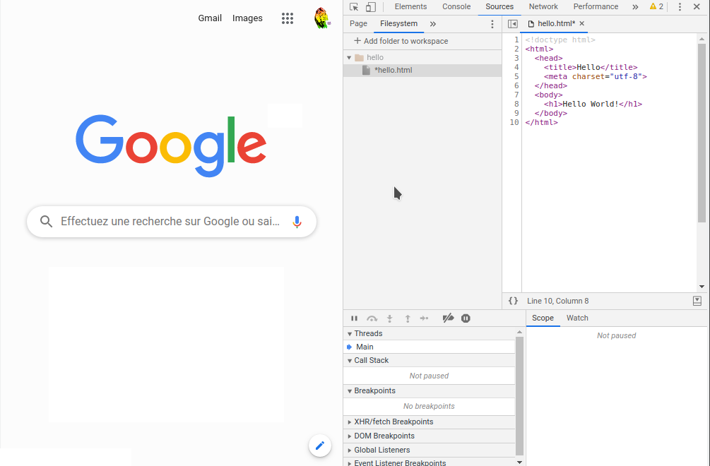 capture chrome devtools: code ajouté dans nouveau fichier, avant sauvegarde