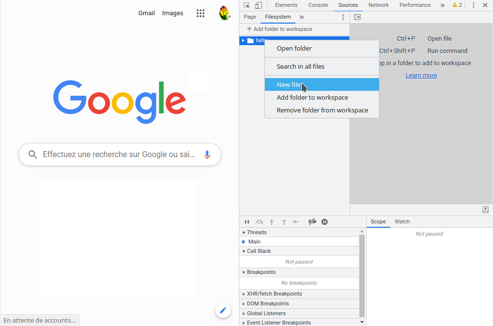 capture chrome devtools: création d'un nouveau fichier