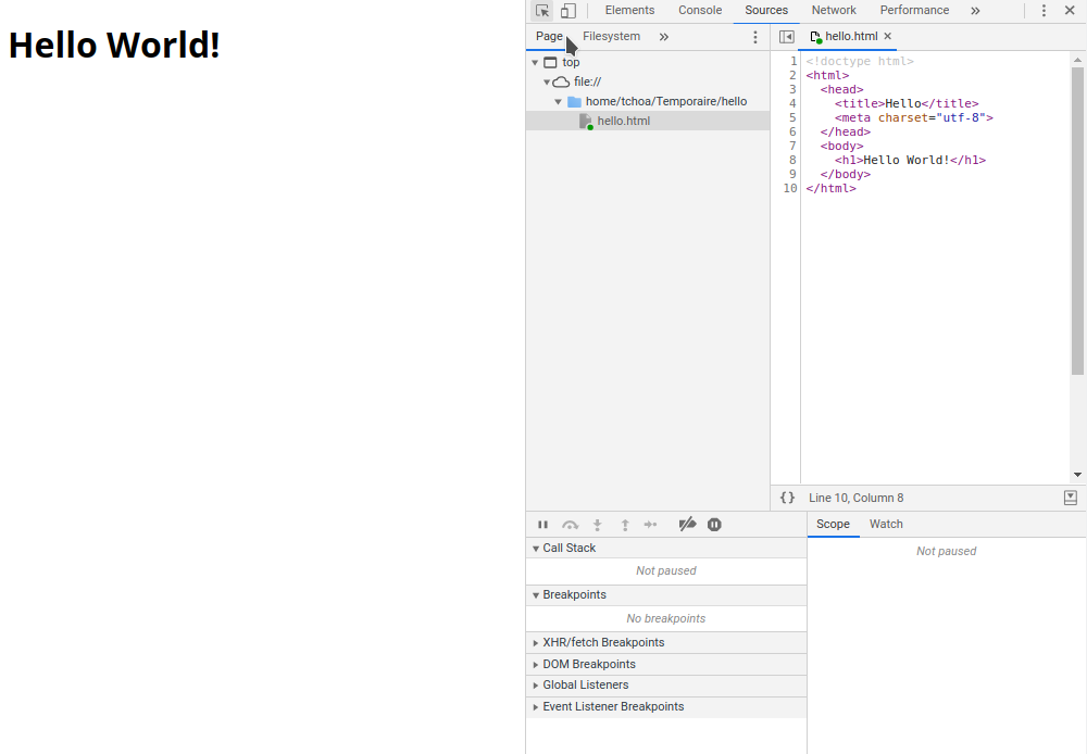 capture chrome devtools: vue "sources - page" du fichier "hello"