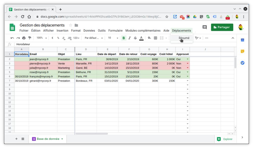 Capture de la feuille de calcul avec son nouveau menu "Déplacements"