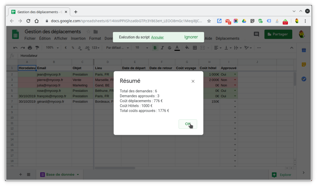 Capture d'un exemple de fonction supplémentaire ajoutée à Sheets grâce à Apps Script