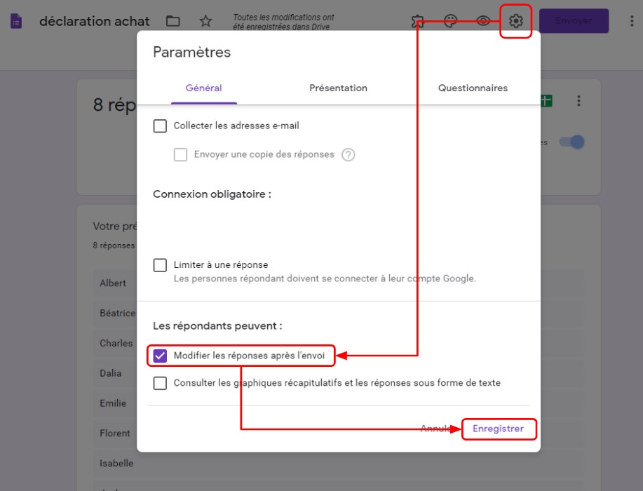 Paramétrer Google Forms pour modifier la réponse