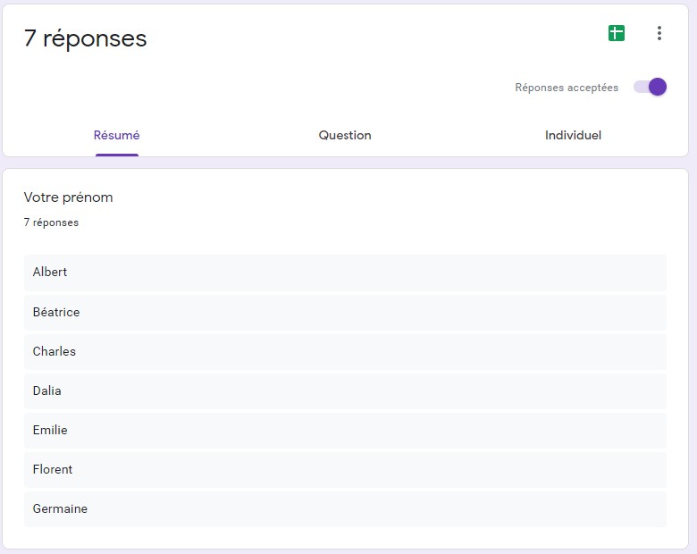 affichage du résumé des réponses dans Google Forms