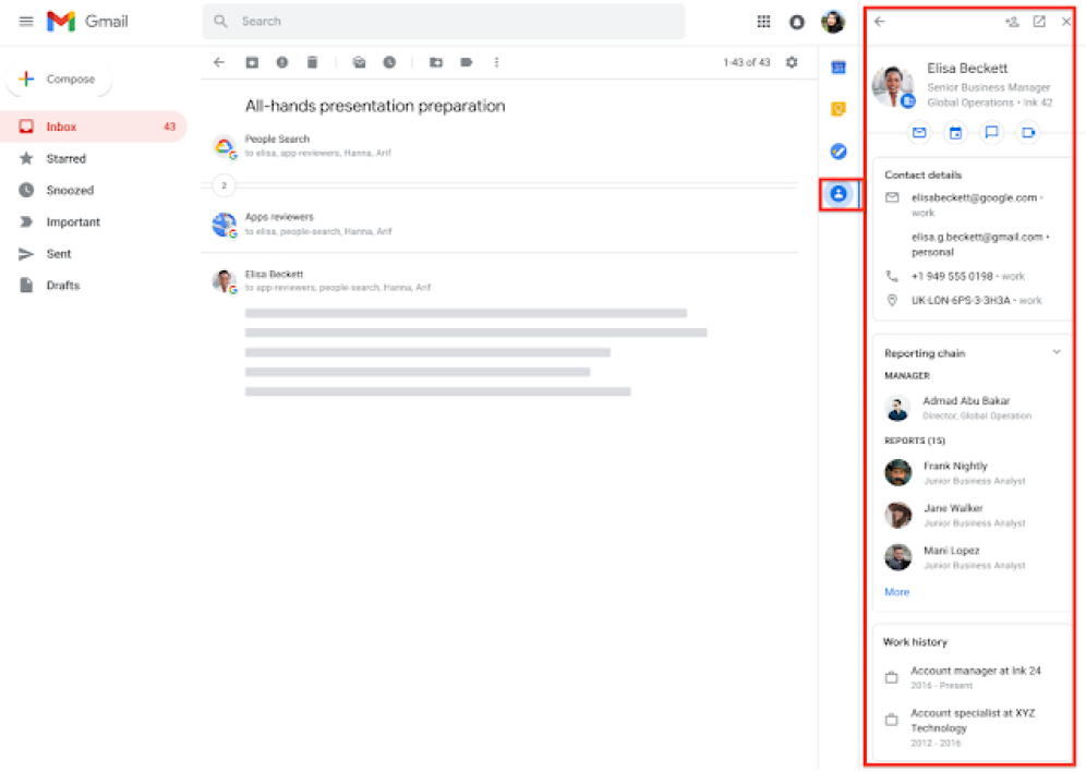 Fiche contact détaillé dans Gmail