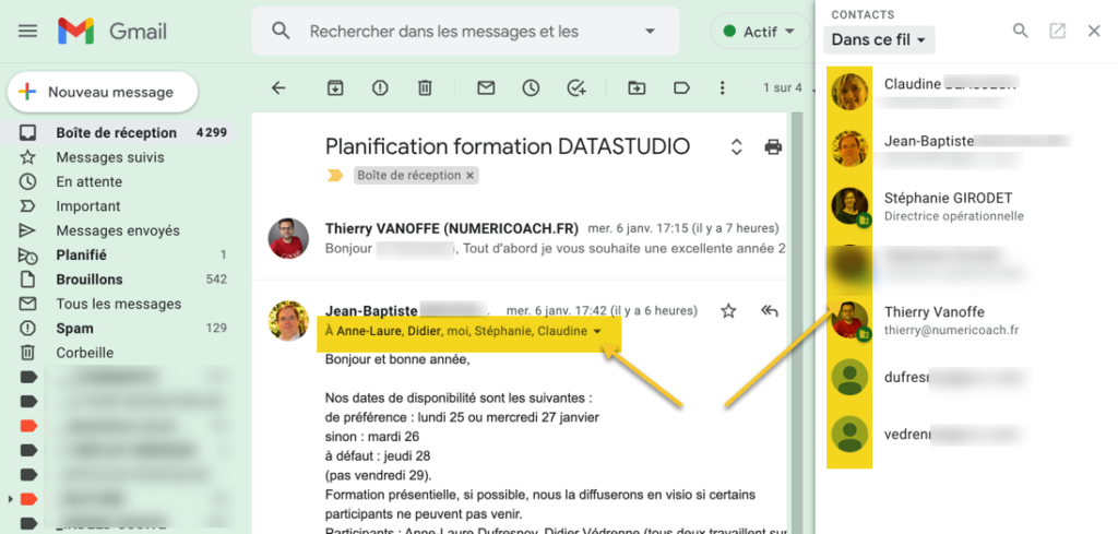 Google contacts : Vous pouvez cliquer sur ce bouton au sein d'une conversation pour voir les fiches contacts des protagonistes