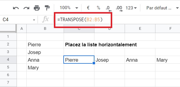 Fonction TRANSPOSE - Google Sheets