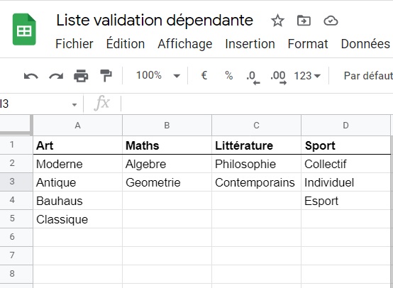 Liste validation dépendante - Google Sheets