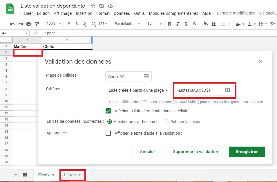 Liste validation dépendante - Google Sheets