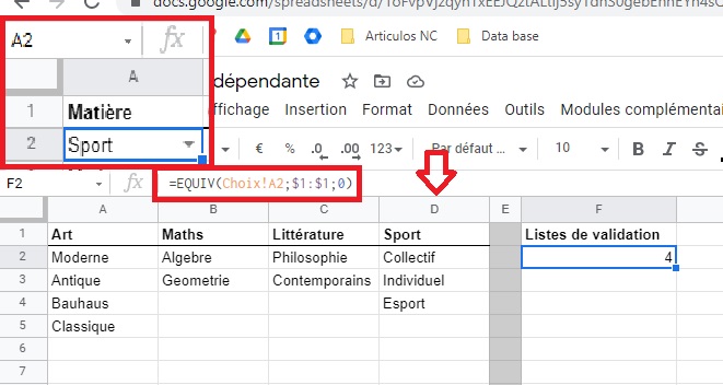 Liste validation dépendante - Google Sheets