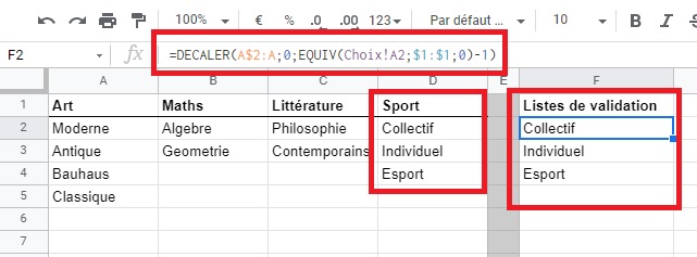 Liste validation dépendante - Google Sheets