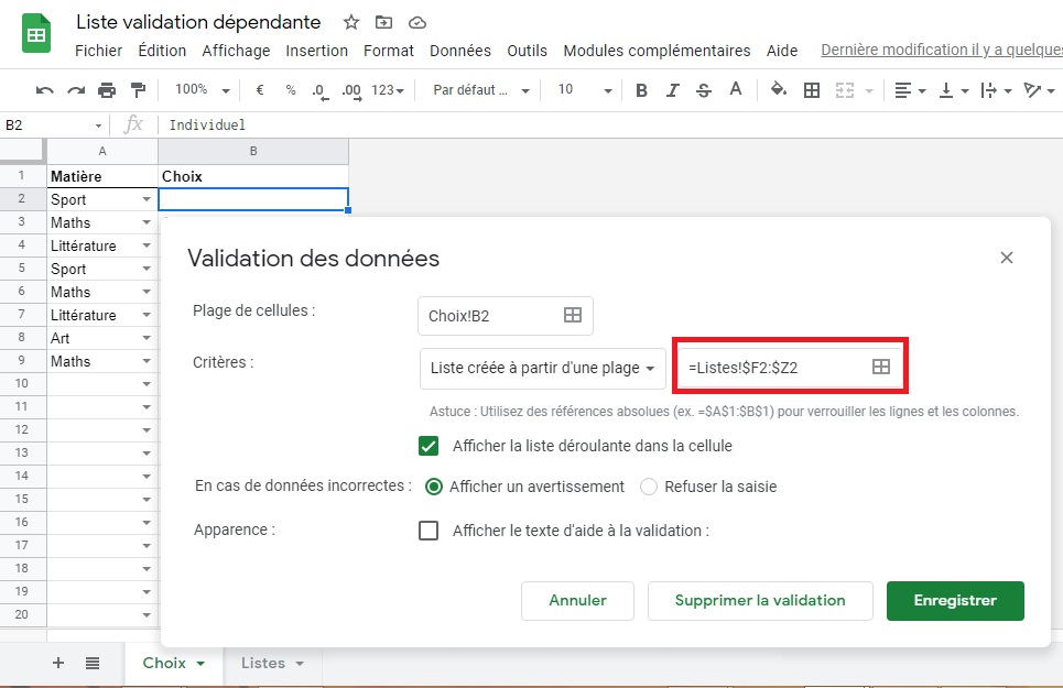 Liste validation dépendante - Google Sheets