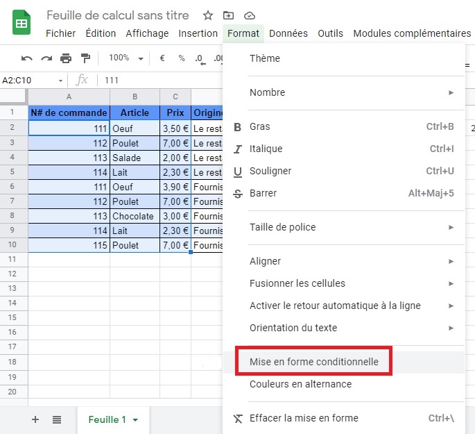 Google Sheets - Mise en forme conditionnelle