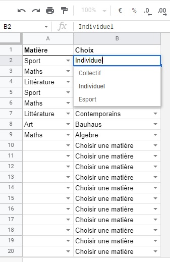 Liste validation dépendante - Google Sheets