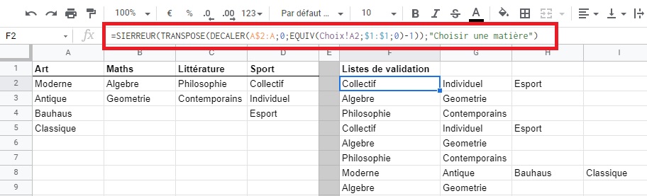 Liste validation dépendante - Google Sheets