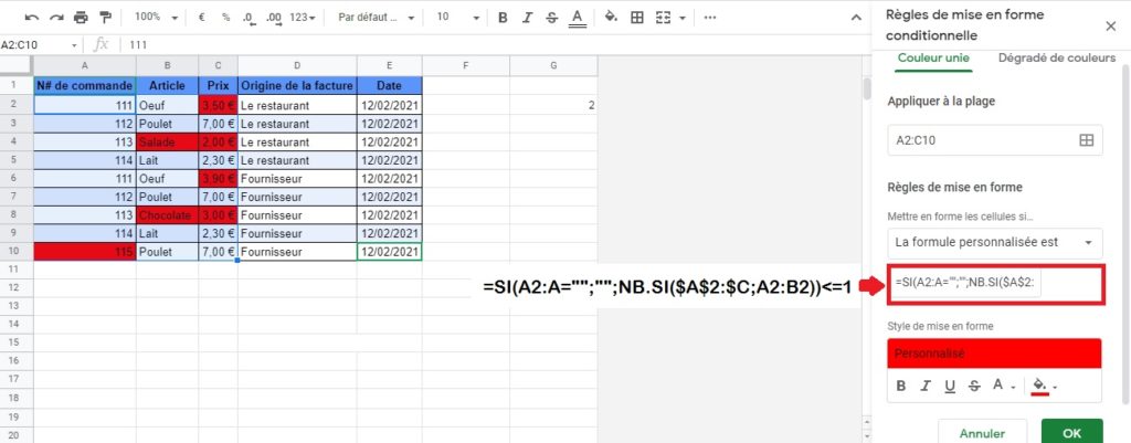 Google Sheets - Regles de mise en forme