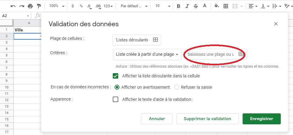 Validation de données - Google Sheets