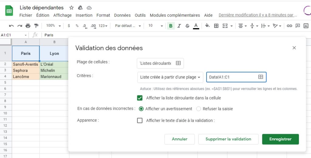 Validation des données - Google Sheets