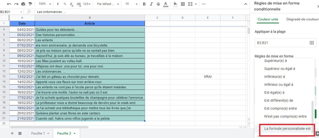 Google sheets - Régles de mise en forme conditionnelle