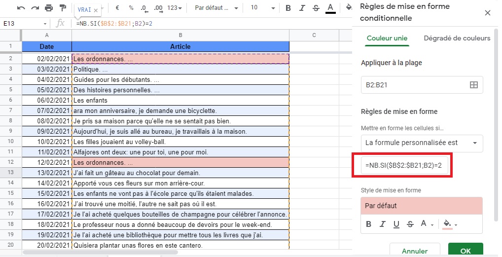 Google sheets - Régles de mise en forme conditionnelle