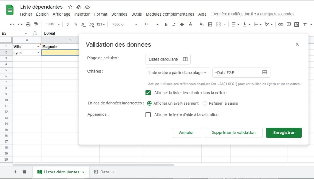 Validation de données - Google Sheets