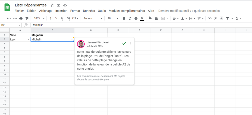 Liste dépendantes - Google Sheets