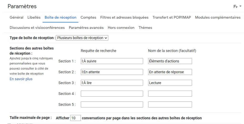 Paramètres - Boîte de réception, Gmail