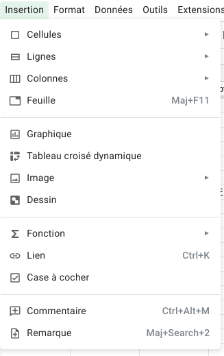 Nouveau menu "insertion" de Google Sheets