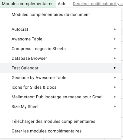 ancien menu module complémentaire de Google Sheets