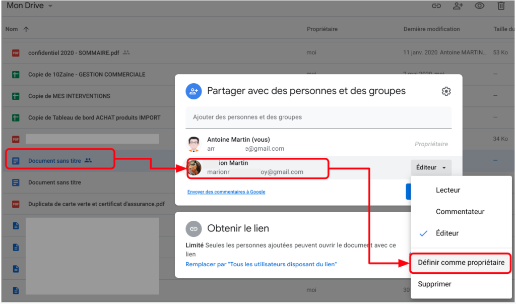 changer le propriétaire d'un fichier sous Google Drive