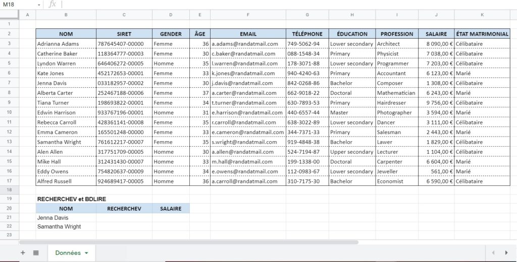 Google Sheets - Fonctions BDLIRE et RECHERCHEV