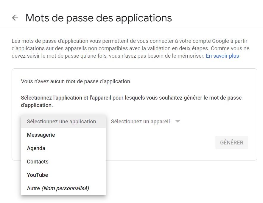 Gmail - Mots de passe des applications