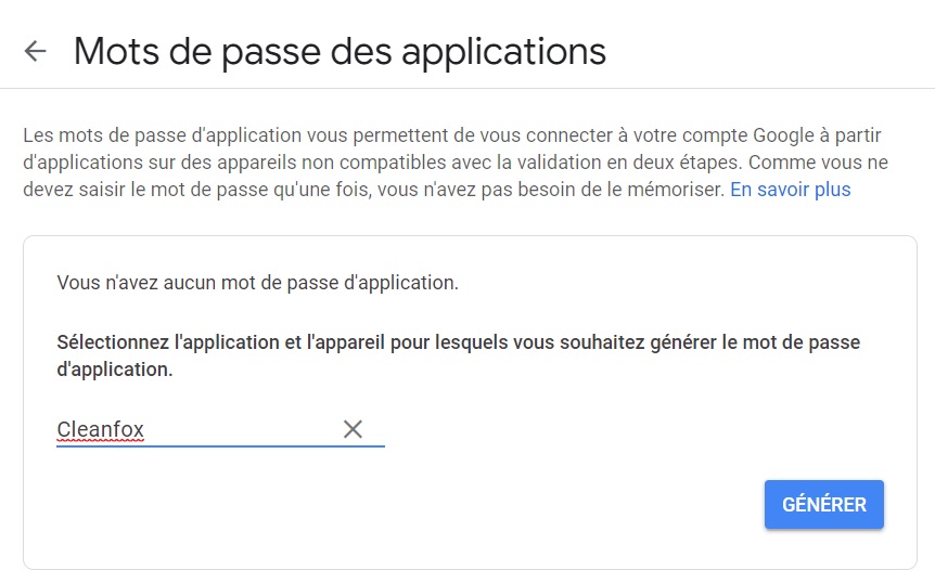 Gmail - Mots de passe des applications