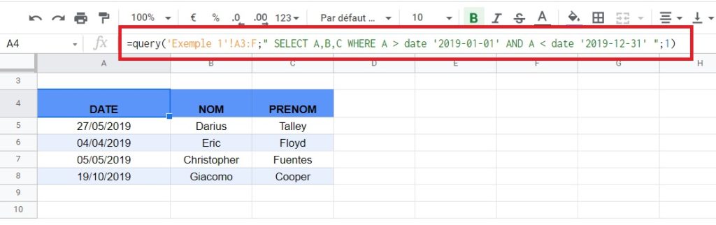 Google Sheets - Query et where