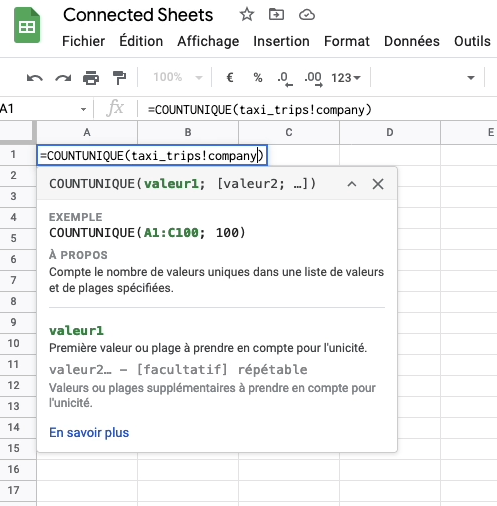 Formule Google Sheets connectée à une table BigQuery avec Connected Sheets