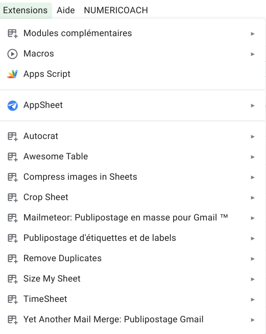 Nouveau menu Google Sheets 2021