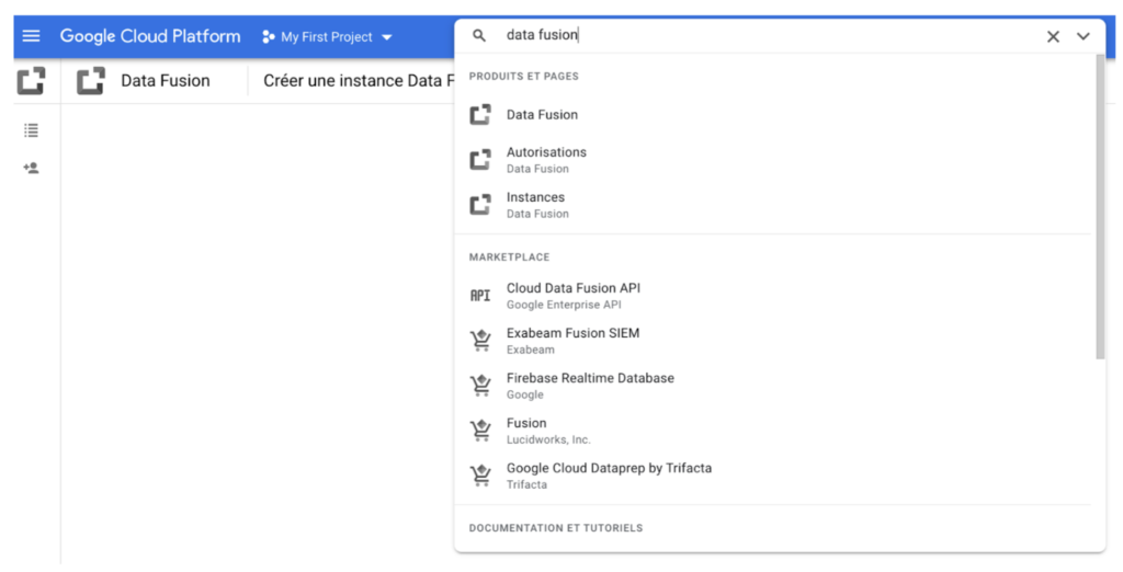 Vue de la console sur Google Cloud Platform et sa barre de recherche afin de trouver l'outil Data Fusion