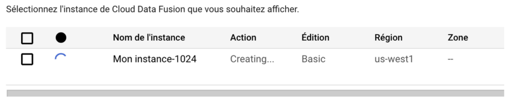 Vue des instances Data Fusion liées à un projet GCP