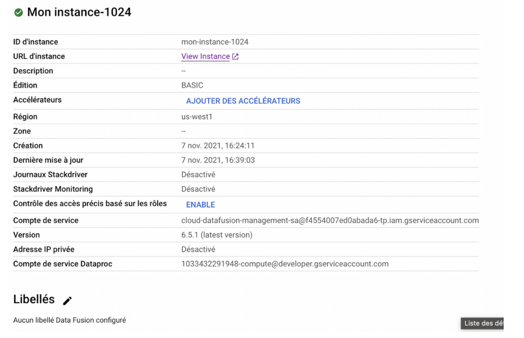 Détails d'une instance Data Fusion créée sur Google Cloud Platform