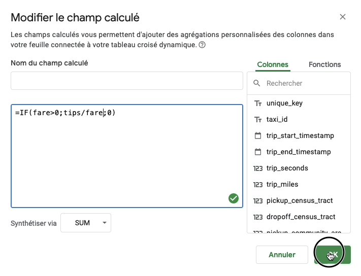 Paramétrage d'un champ calculé pour un tableau croisé dynamique connecté à une table BigQuery dans Google Sheets grâce à Connected Sheets