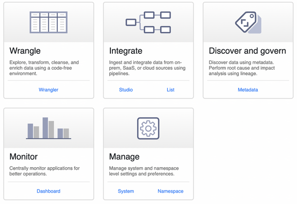 Vue de l'accueil d'une instance Data Fusion sur Google Cloud Platform