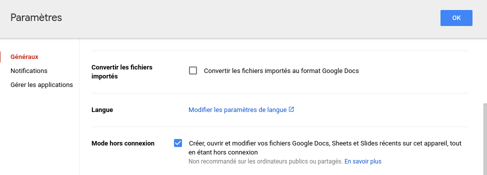 Google drive : mode hors connexion