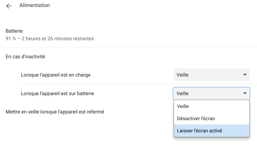 Chromebook : enlever le mode veille 