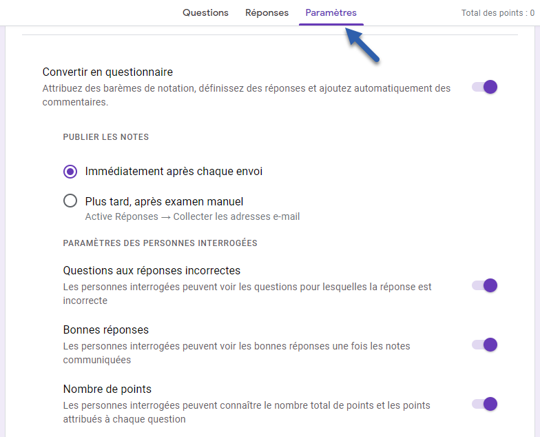 Google Forms : paramètres du formulaire d'auto-évaluation