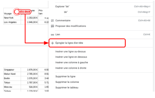 épingler les lignes d'en-tête