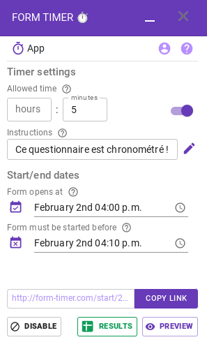 Google Forms : interface de Form Timer