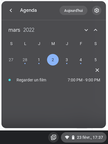 Chromebook : le calendrier affiche les événements de Google Agenda
