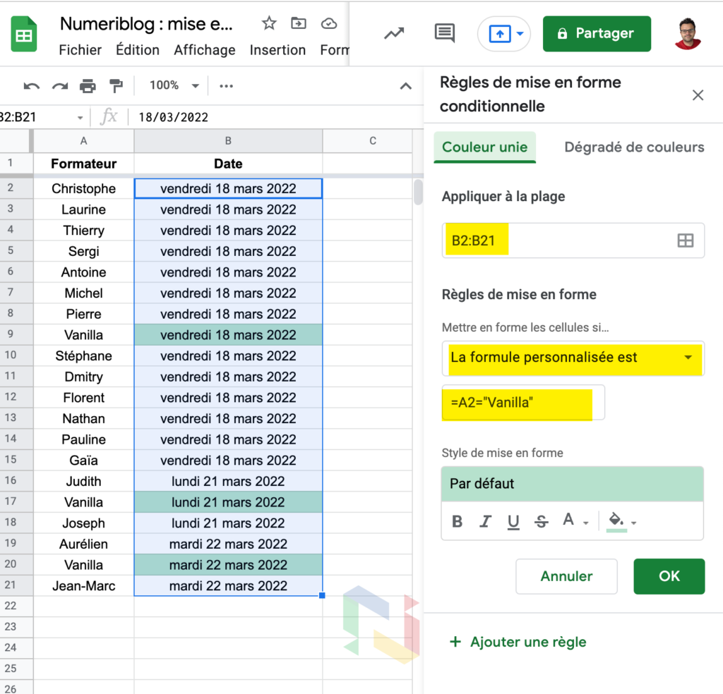 mise en forme conditionnelle google Sheets