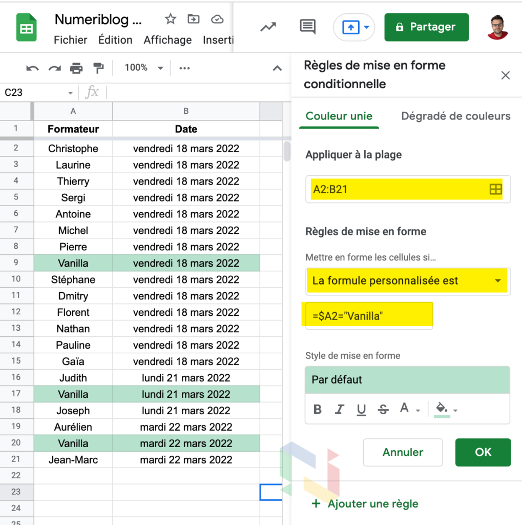 Comment Figer Une Ligne Sur Google Sheet Google Sheets : comment faire une mise en forme conditionnelle basée sur  une autre cellule ? | Numeriblog